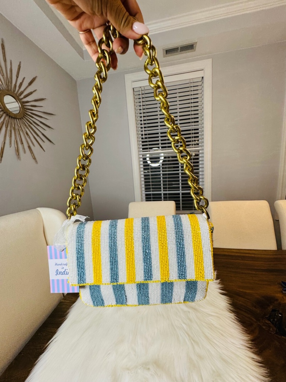 T.J.Maxx Striped Yellow Blue White Beaded Shoulder Bag with Gold Chain